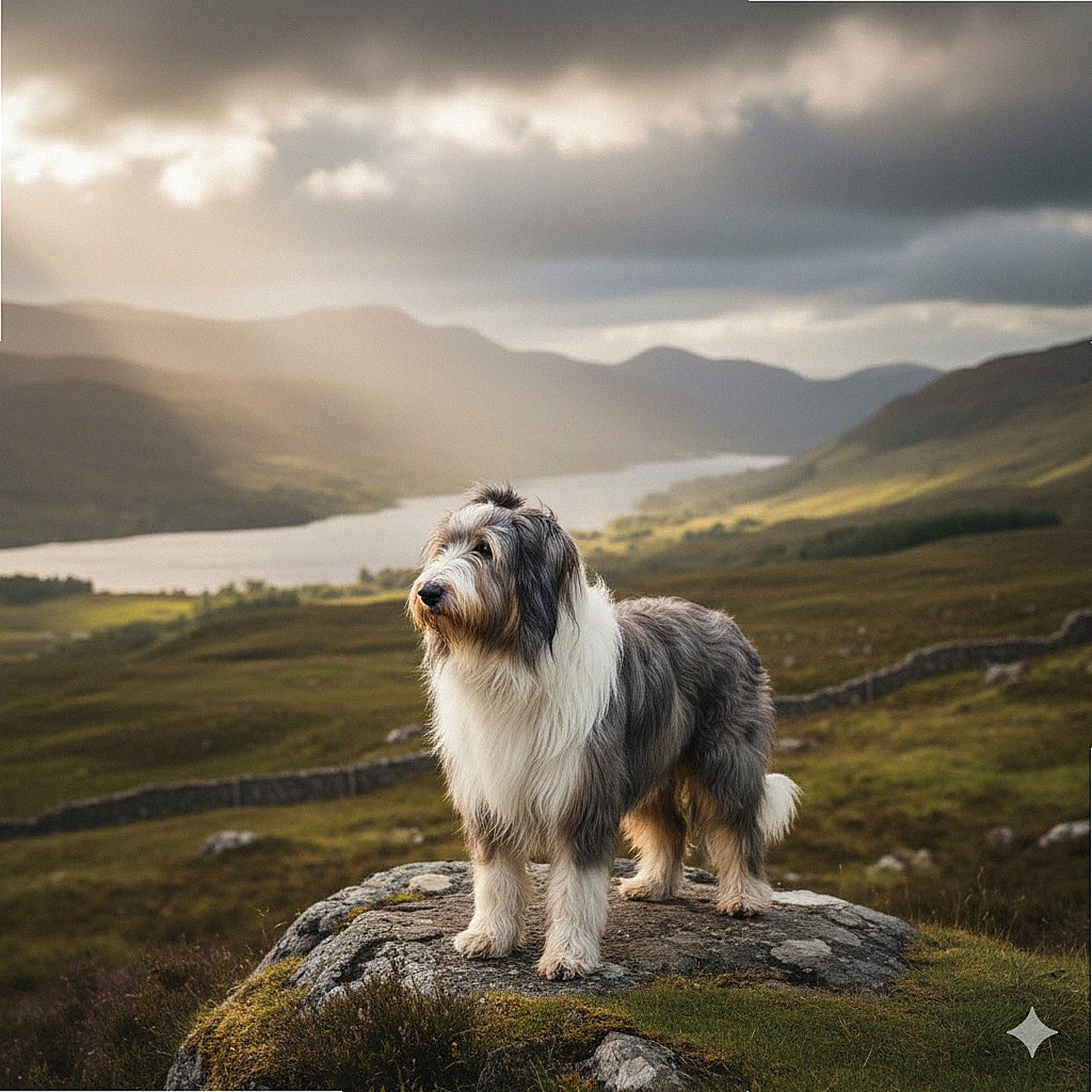 Bearded Collie adulte au pelage gris et blanc dans un paysage écossais, chien de berger écossais de race pure LOF