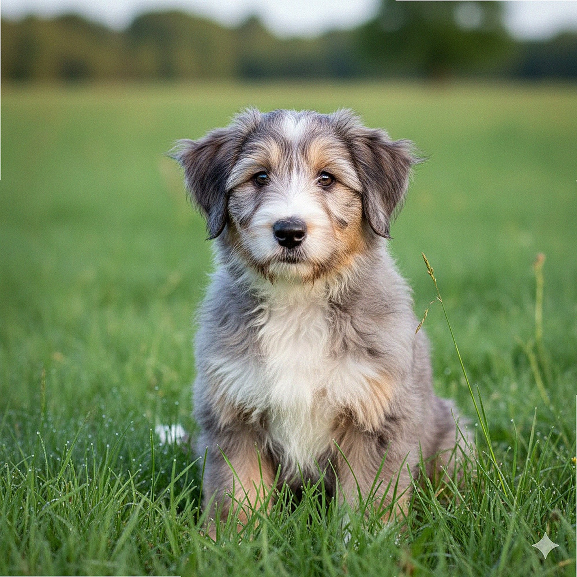 Chiot Bearded Collie mâle Highland de 3 mois dans l'herbe, élevage professionnel français LOF