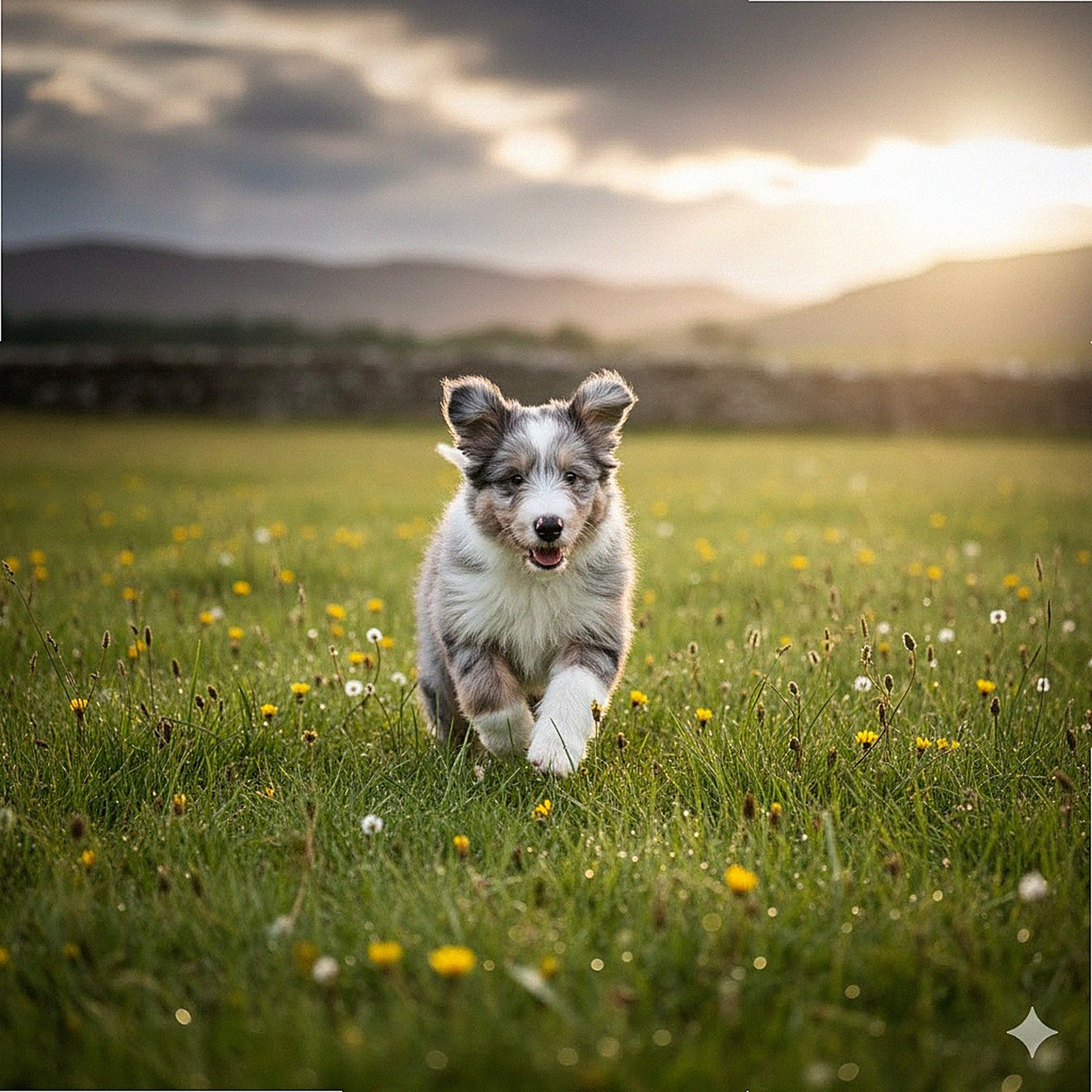 Chiot Bearded Collie mâle Loch de 3 mois en action dans la prairie, chien de berger énergique