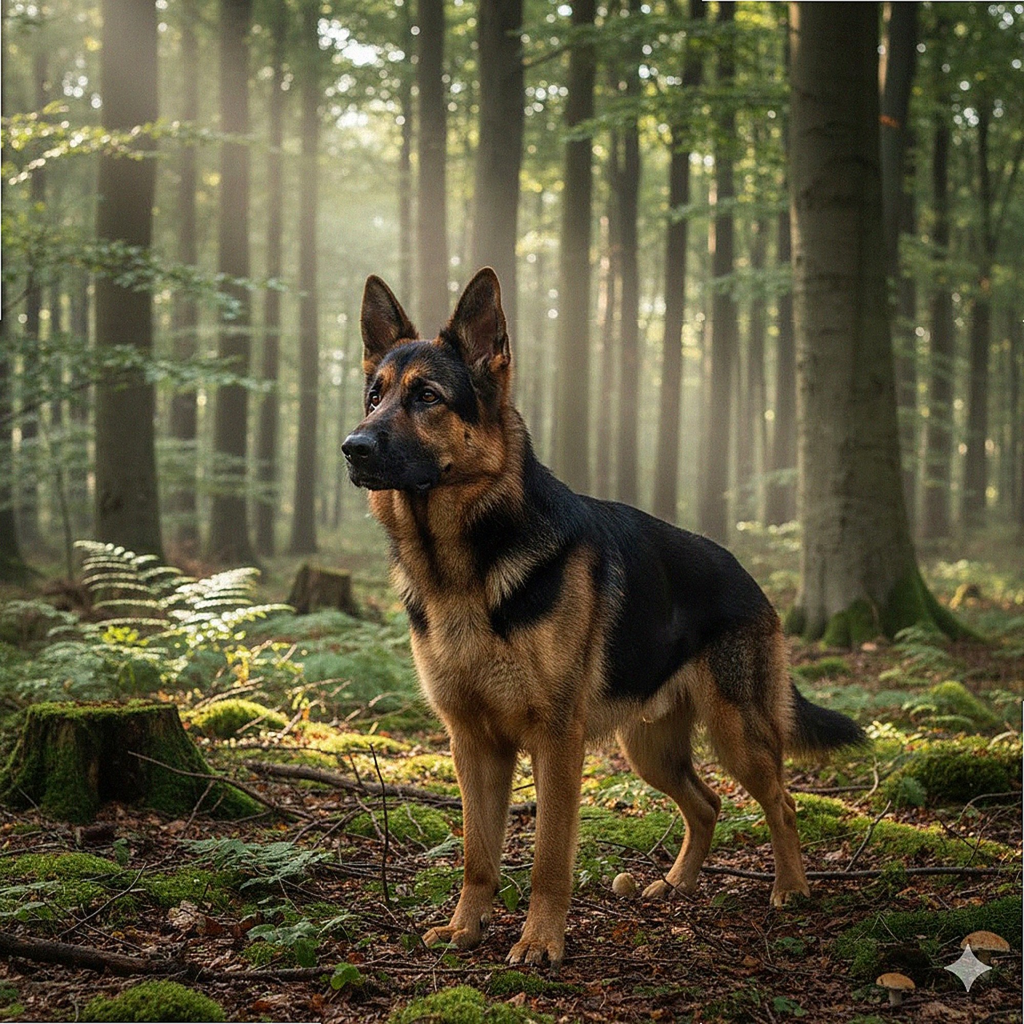 Berger Allemand adulte noir et feu dans la forêt allemande, chien de travail de race pure LOF